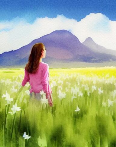 A watercolor painting of a field of lily and a woman with a mountain in the background