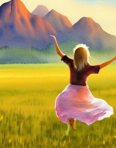 A watercolor painting of a field of wheat and a girl dancing in middle