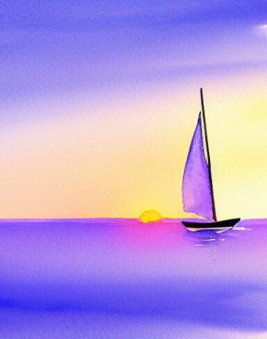 A watercolor painting of a sailboat in the ocean at sunset with a purple sky