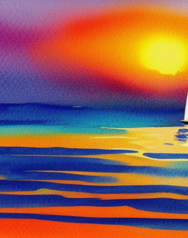 A watercolor painting of a sailboat in the ocean at sunset with dolphins with fish jumping out of water
