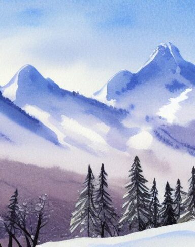 A watercolor painting of a snowy mountain scene inspired by Charles E. Burchfield