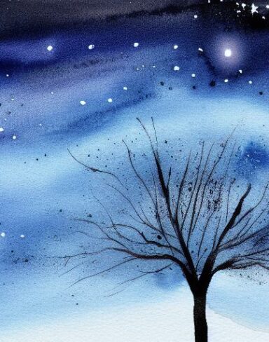 A watercolor painting of a tree in the sky at night