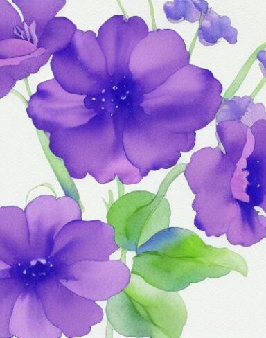 A watercolor painting of blue and violet flowers on a white background by Sydney Carline