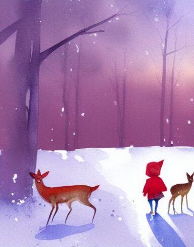 A watercolor painting of little girl with red hood facing backward siting next to two deer in the snow