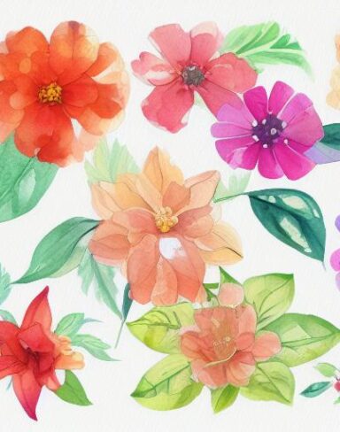 A watercolor painting of various flowers on a white background inspired by Esteban Vicente