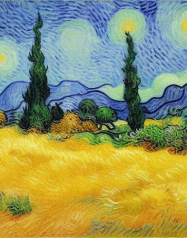 A wheatfield with cypress trees