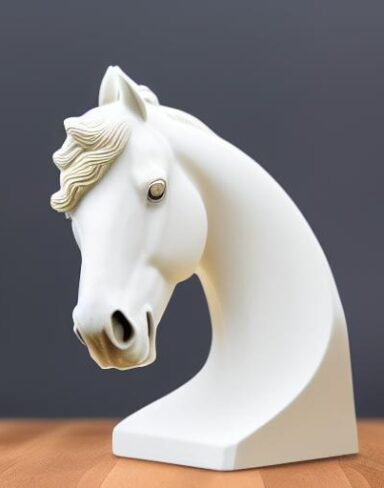 A white horse head sitting on top of a wooden table