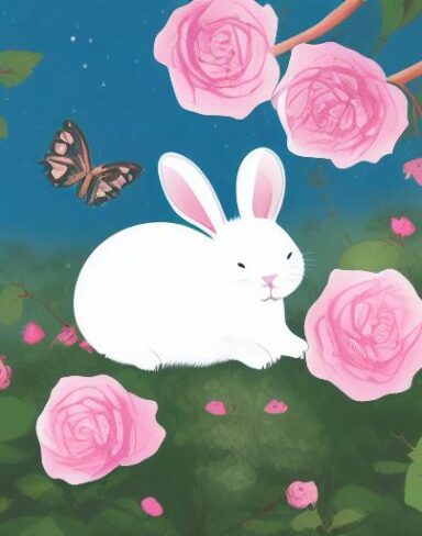 A white rabbit sleeping in the middle of a forest with roses and butterfly