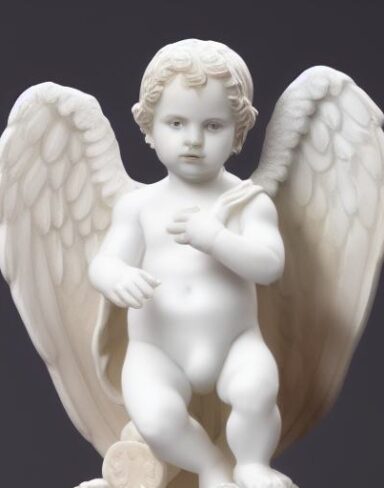 A white statue of baby angel with wings