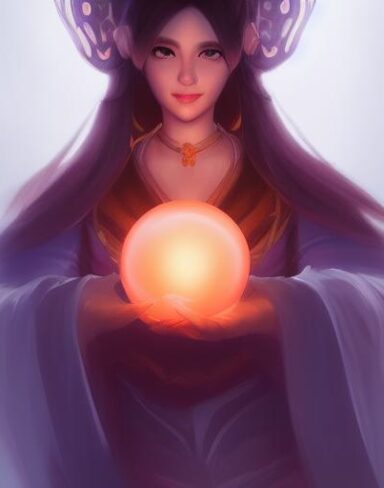 A woman holding a glowing ball in her hand