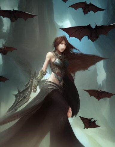 A woman standing in front of a bunch of bats