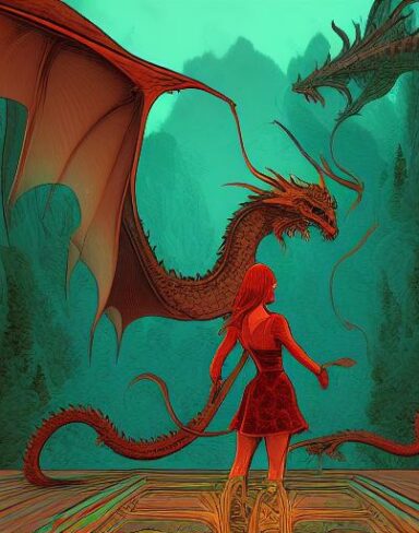 A woman that is standing in front of a dragon