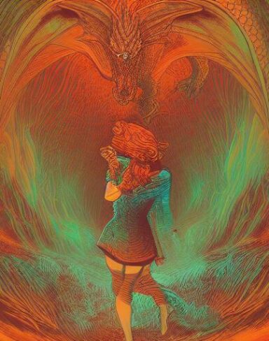 A woman that is standing in front of a dragon in a cave