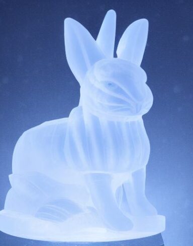 An ice sculpture of a rabbit in winter season