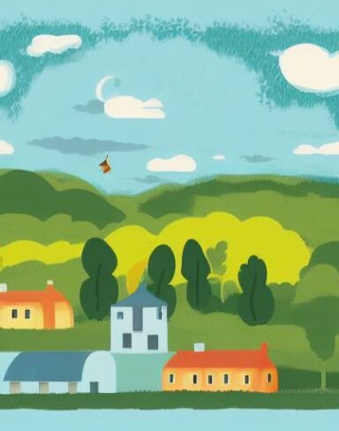 An illustration of a town with nature scene