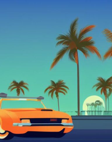An orange car with palm trees in the background