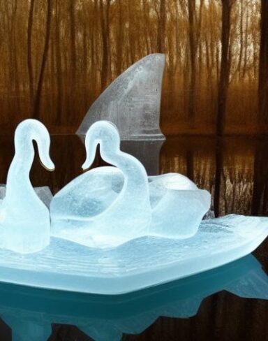 An tranquil ice sculpture of two flowing ice-made swans on a wave