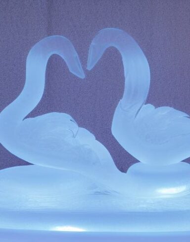 An tranquil ice sculpture of two glowing ice-made swans on a wave