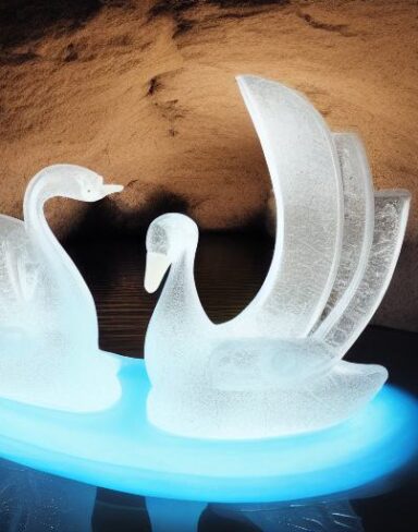 An tranquil ice sculpture of two glowing ice-made swans on a wave
