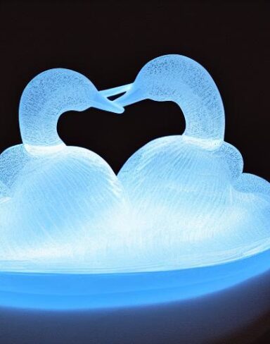 An tranquil ice sculpture of two glowing ice-made swans on a wave