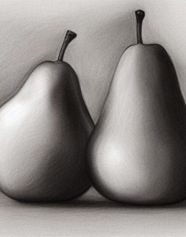 Art charcoal drawing of a pear and an apple on a table