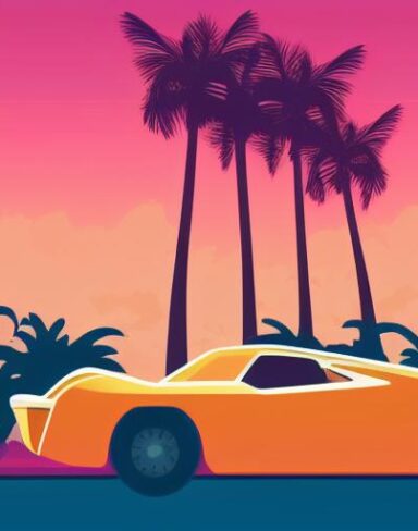 Art of orange car with palm trees in the background