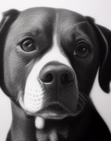 Black and white charcoal drawing of a dog