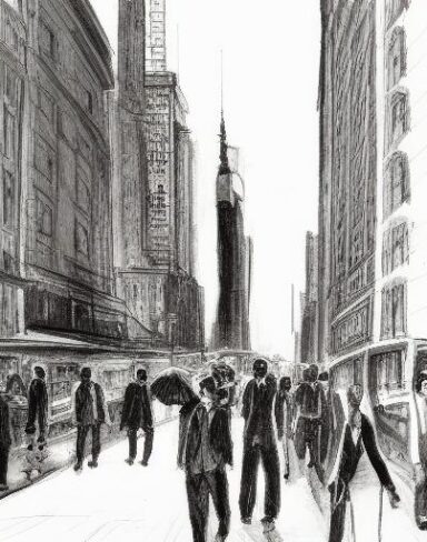 Black and white painting of people on a city street
