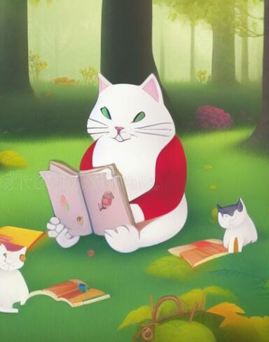 Cartoon cat reading a book in the forest