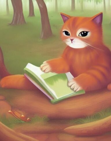 Cartoon cat reading book in the woods