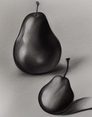 Charcoal drawing of a pear and an apple on a table