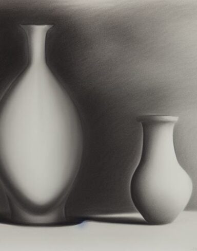 Charcoal drawing of two vases and a bottle