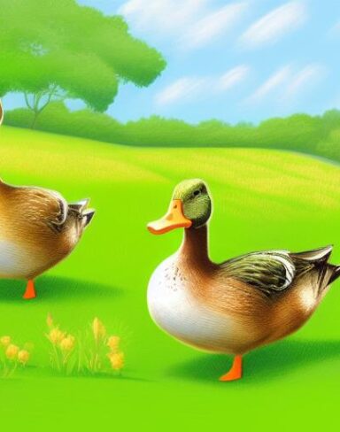Couple of ducks standing on a lush green field