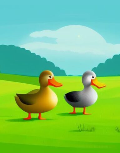 Couple of ducks standing on a lush green field