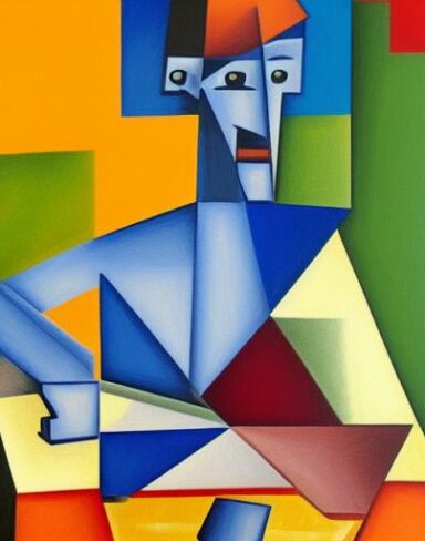Cubism painting of a beautiful man sitting at a table with fruit trees