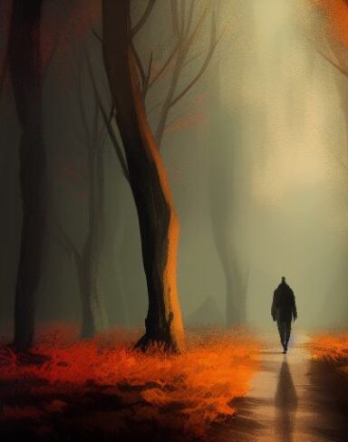 Dark digital art of a person walking through a forest