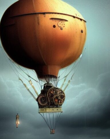 Detail steampunk art of a mechanical airship flying in the thunderstorm