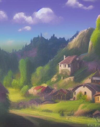 Digital painting of village in the mountains