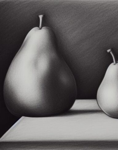 Drawing of a pear and an apple on a table