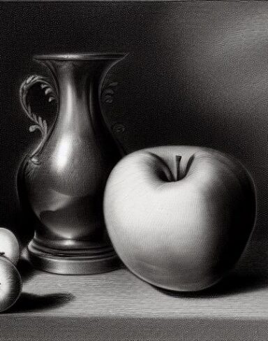 Drawing of a vase and apples on the table
