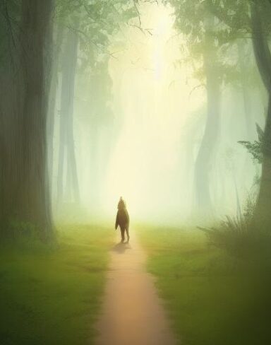 Fantasy digital art of a person walking through a forest