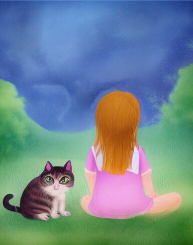 Girl sitting on the ground next to a cat