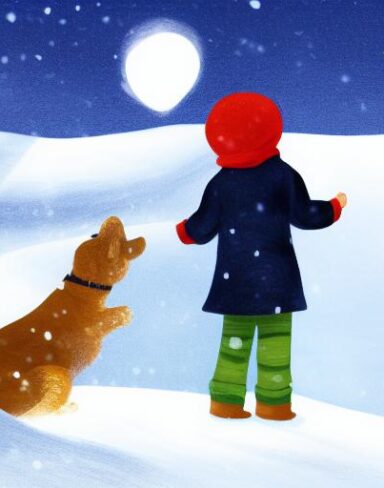 One little boy standing with a dog in the snow
