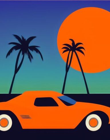 Orange car with palm trees in the background