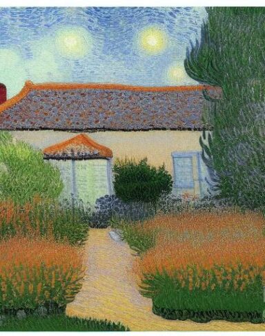 Painting of a house in a garden