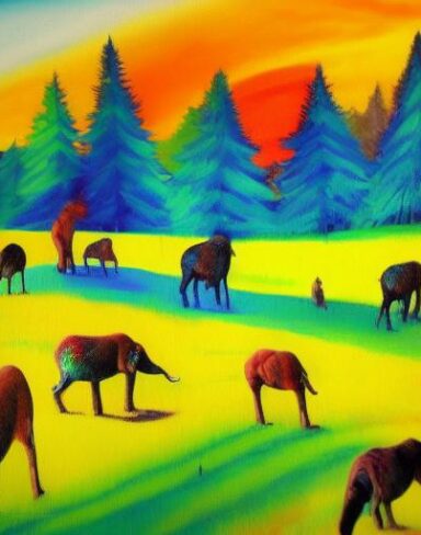 Painting of some animals in a field