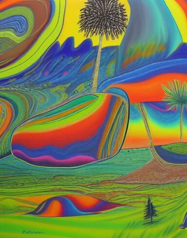 Painting of various animals in a field