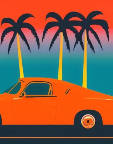 Retro art of an orange car with palm trees
