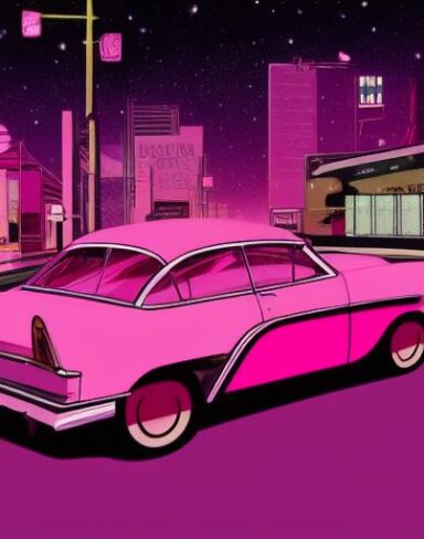 Retro pink car driving down a street at night