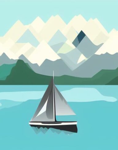 Sailboat in the lake with mountains behind